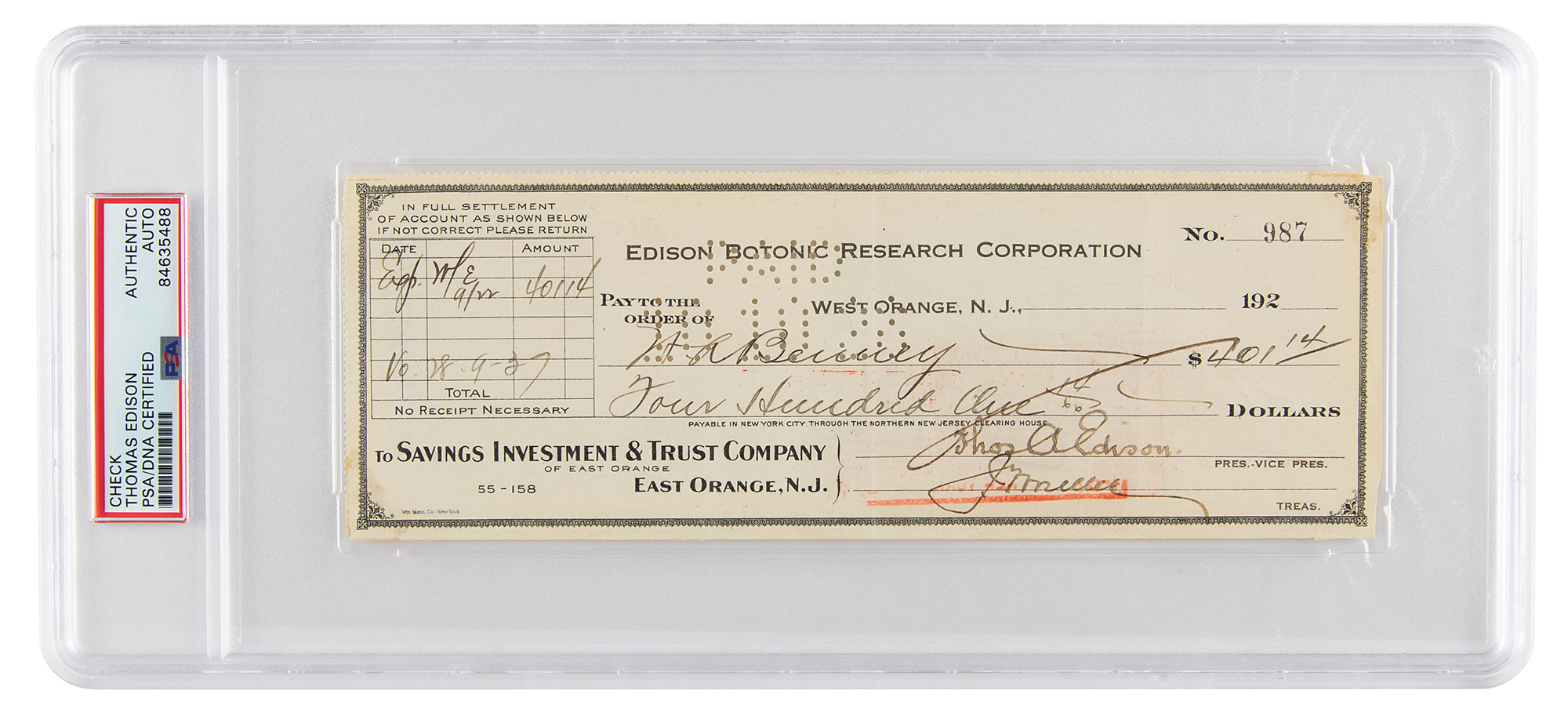 Lot #6112 Thomas Edison Signed Check