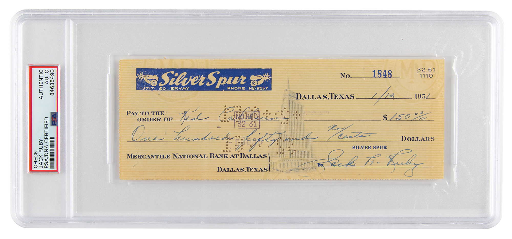 Lot #6258 Jack Ruby Signed Check