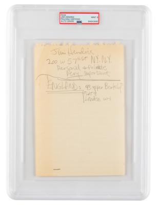 Lot #6480 Jimi Hendrix Signed Handwritten Address Panel - PSA MINT 9