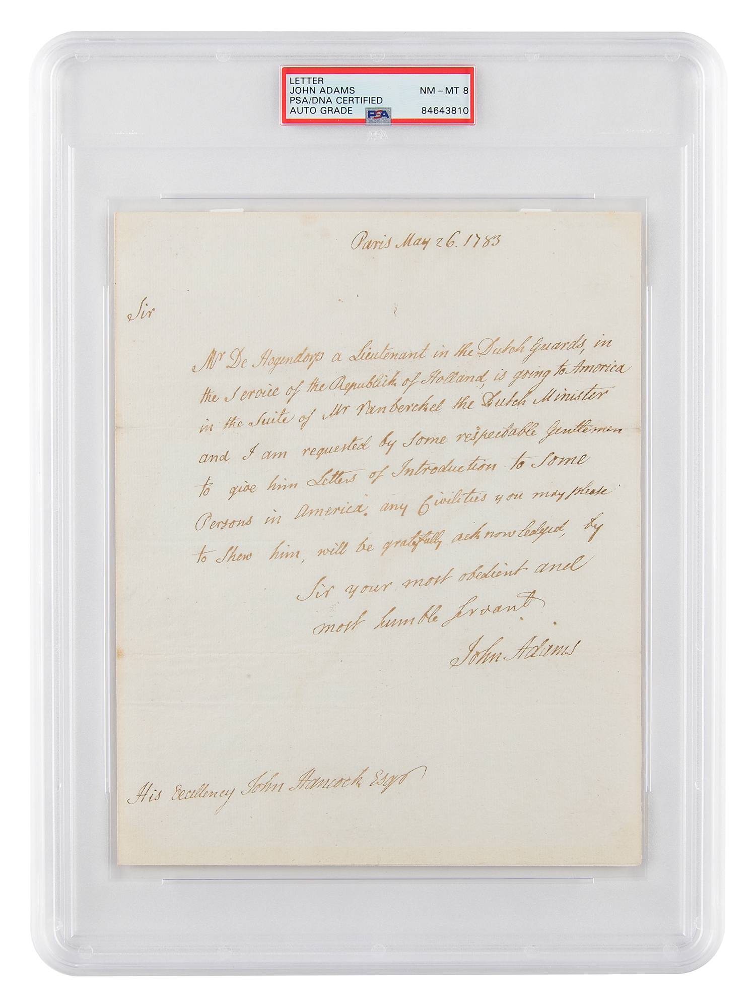 Lot #6001 John Adams Autograph Letter Signed to John Hancock - PSA NM-MT 8