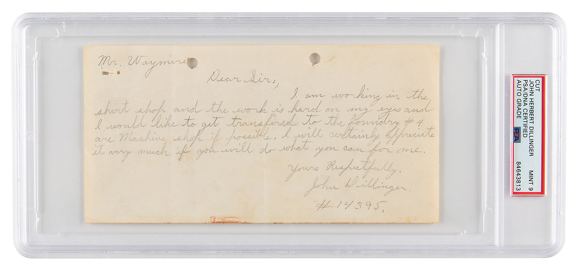 Lot #6148 John Dillinger Autograph Letter Signed - PSA MINT 9