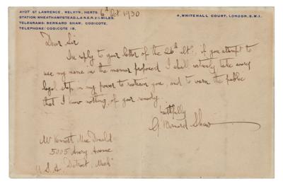 Lot #533 George Bernard Shaw Autograph Letter Signed