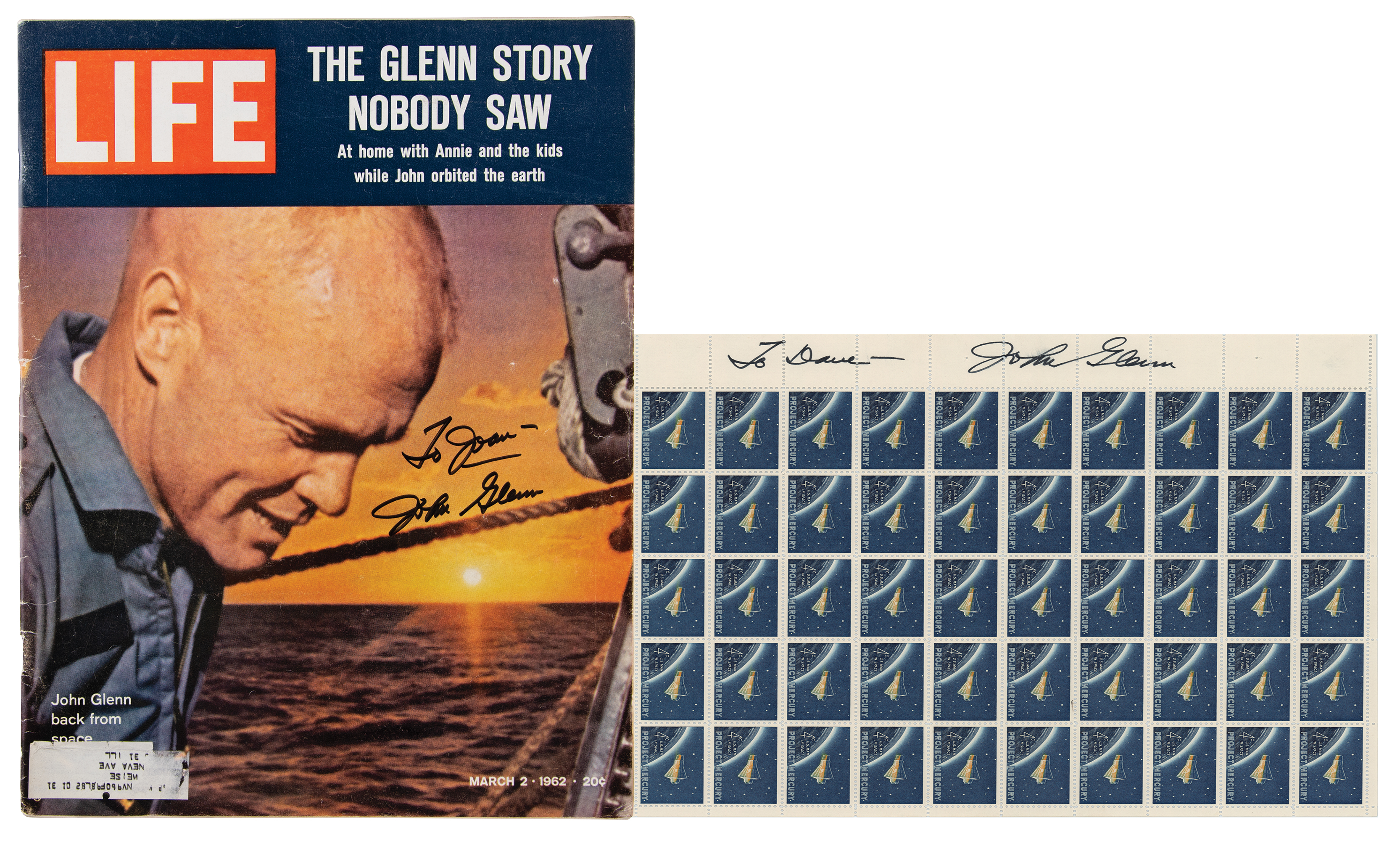 Lot #357 John Glenn (2) Signed Items - Magazine and Stamp Sheet - Image 1