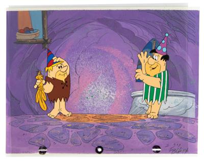 Lot #443 Fred Flintstone and Barney Rubble production cels and production background from a Fruity Pebbles television commercial