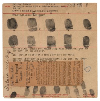 Lot #199 George 'Machine Gun' Kelly and Kathryn Kelly Fingerprint Card and Photo Archive