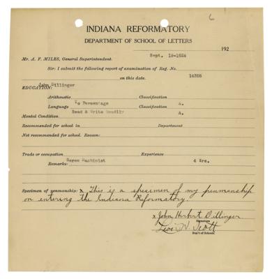 Lot #198 John Dillinger 'Indiana Reformatory School' Document Signed - Image 1