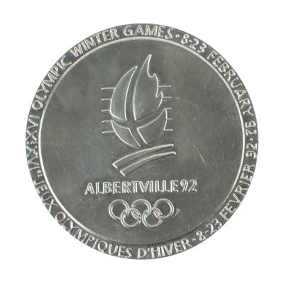 Lot #6359 Albertville 1992 Winter Olympics Chrome-Plated Steel Participation Medal - Image 1