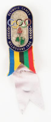 Lot #6074 Melbourne 1956 Summer Olympics. National Olympic Committee Badge. Presented to IOC Member James Worrall - Image 1
