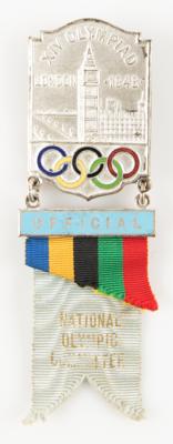 Lot #6259 London 1948 Summer Olympics. National Olympic Committee-Members and Secretary Badge. Presented to Member James Worrall