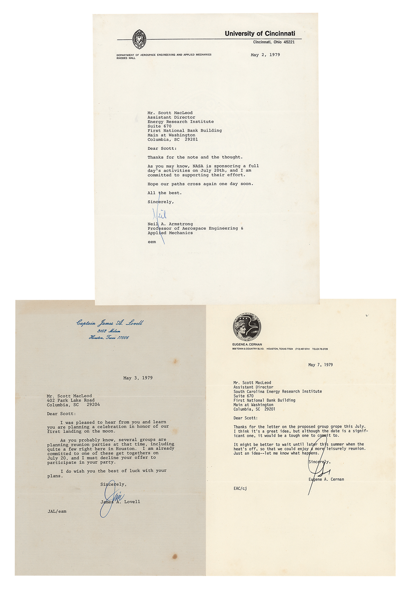 Lot #393 Neil Armstrong, Gene Cernan, and James Lovell (3) Typed Letters Signed