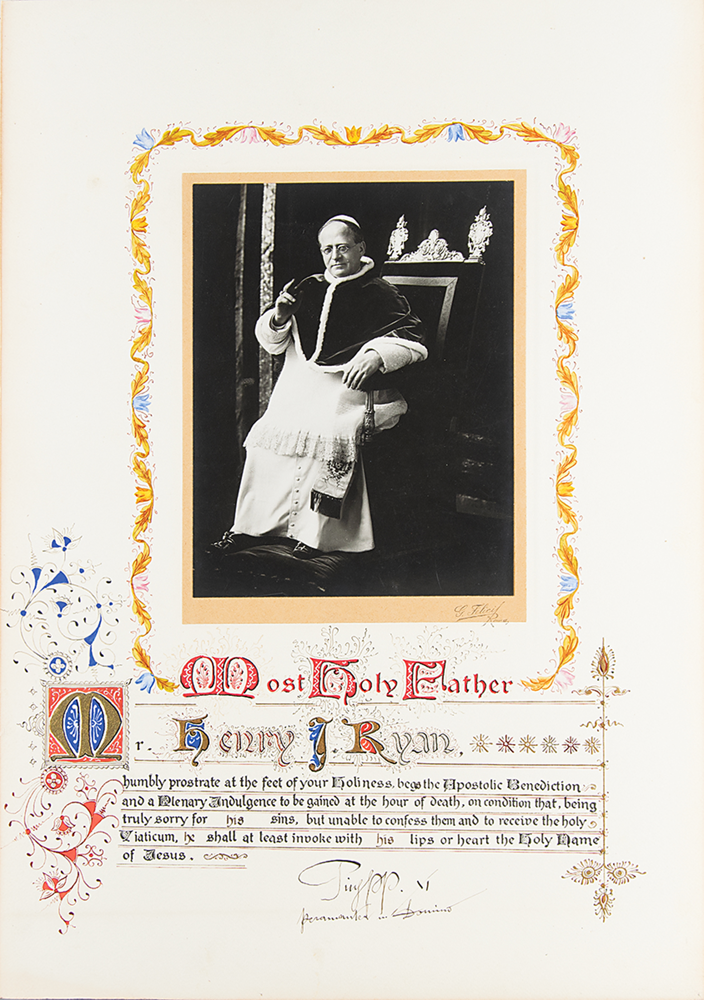 Lot #306 Pope Pius XI Signed Apostolic Benediction