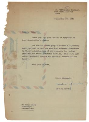 Lot #257 Indira Gandhi Typed Letter Signed