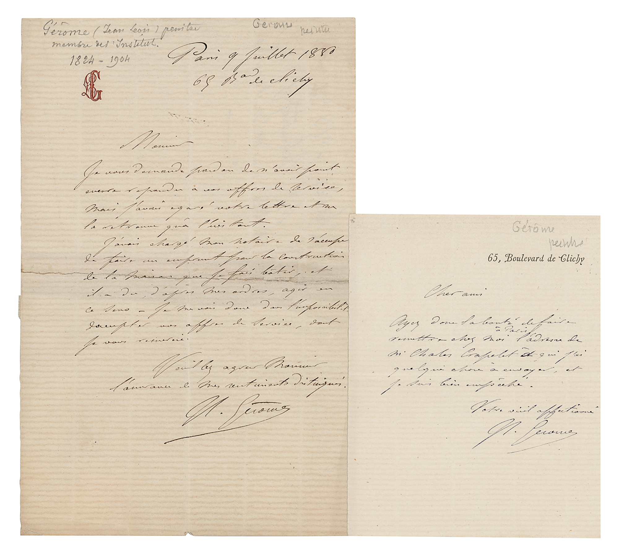 Lot #437 Jean-Leon Gerome (2) Autograph Letters Signed