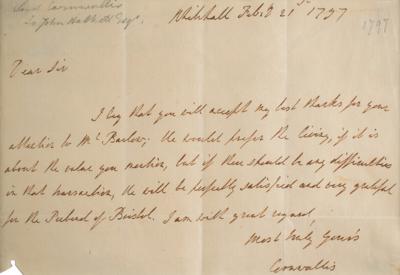 Lot #336 Charles Cornwallis Autograph Letter Signed