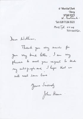 Lot #269 John Hume Autograph Letter Signed