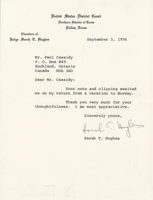 Lot #275 Kennedy Assassination: Sarah T. Hughes Typed Letter Signed