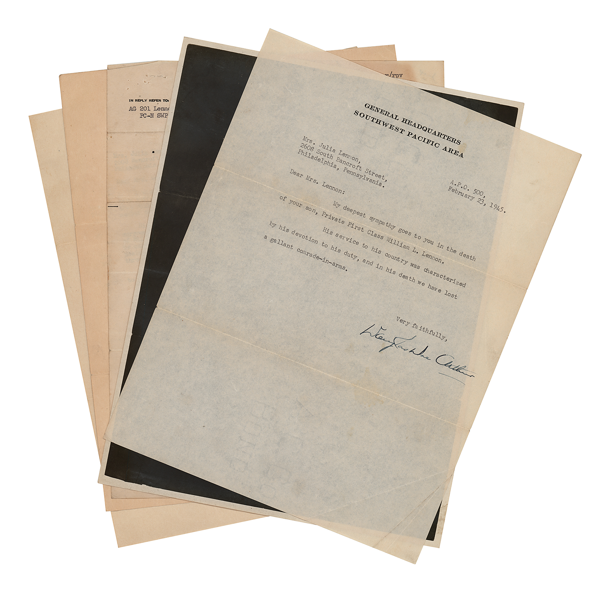 Lot #345 Douglas MacArthur Typed and Signed Letter of Condolence