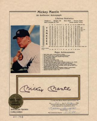 Lot #842 Mickey Mantle Signed Statistic Sheet
