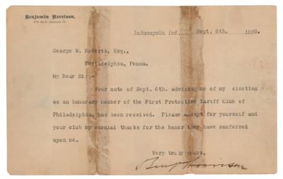 Lot #106 Benjamin Harrison Typed Letter Signed as Republican Presidential Nominee