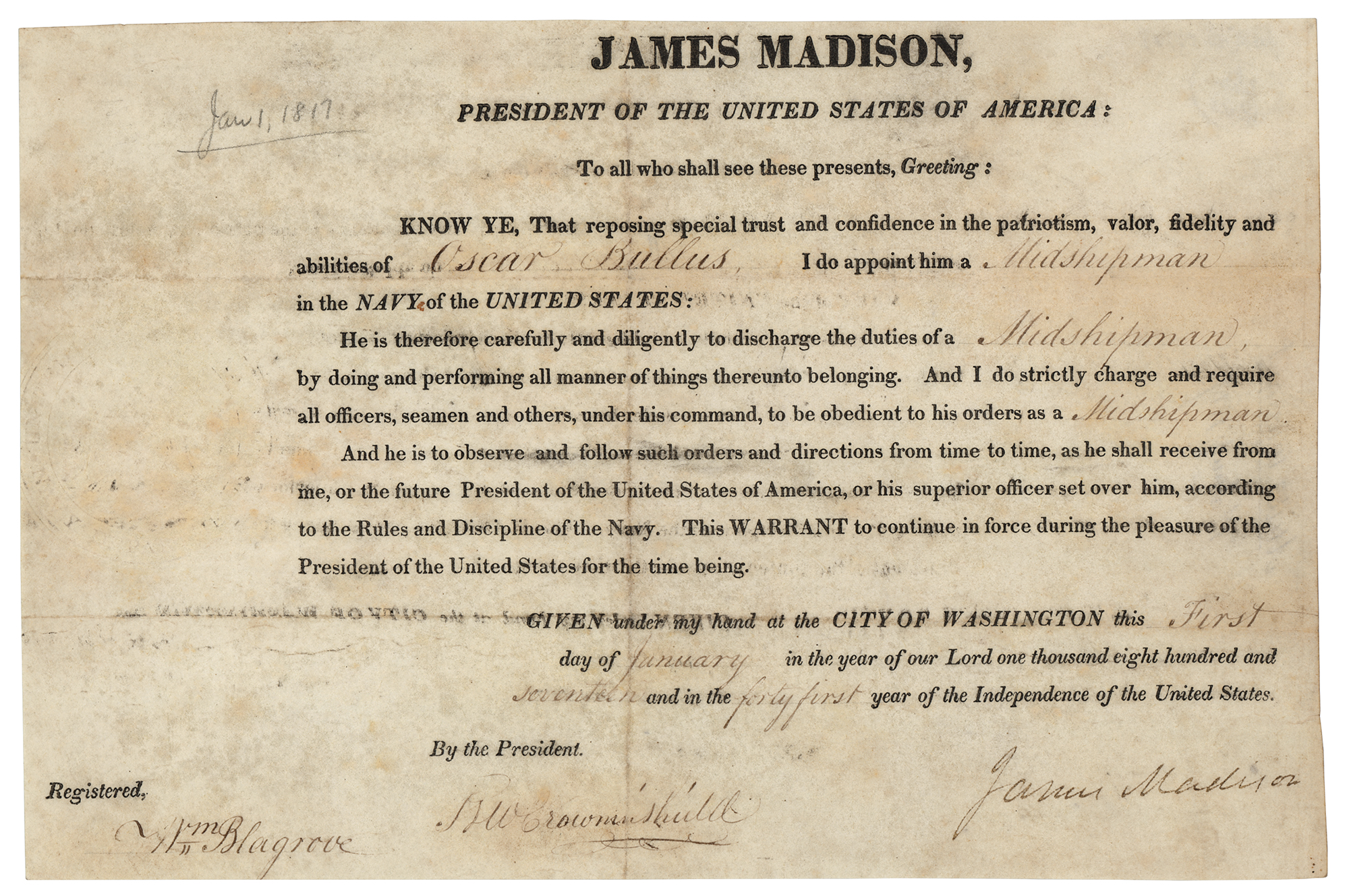 Lot #10 James Madison Document Signed as President
