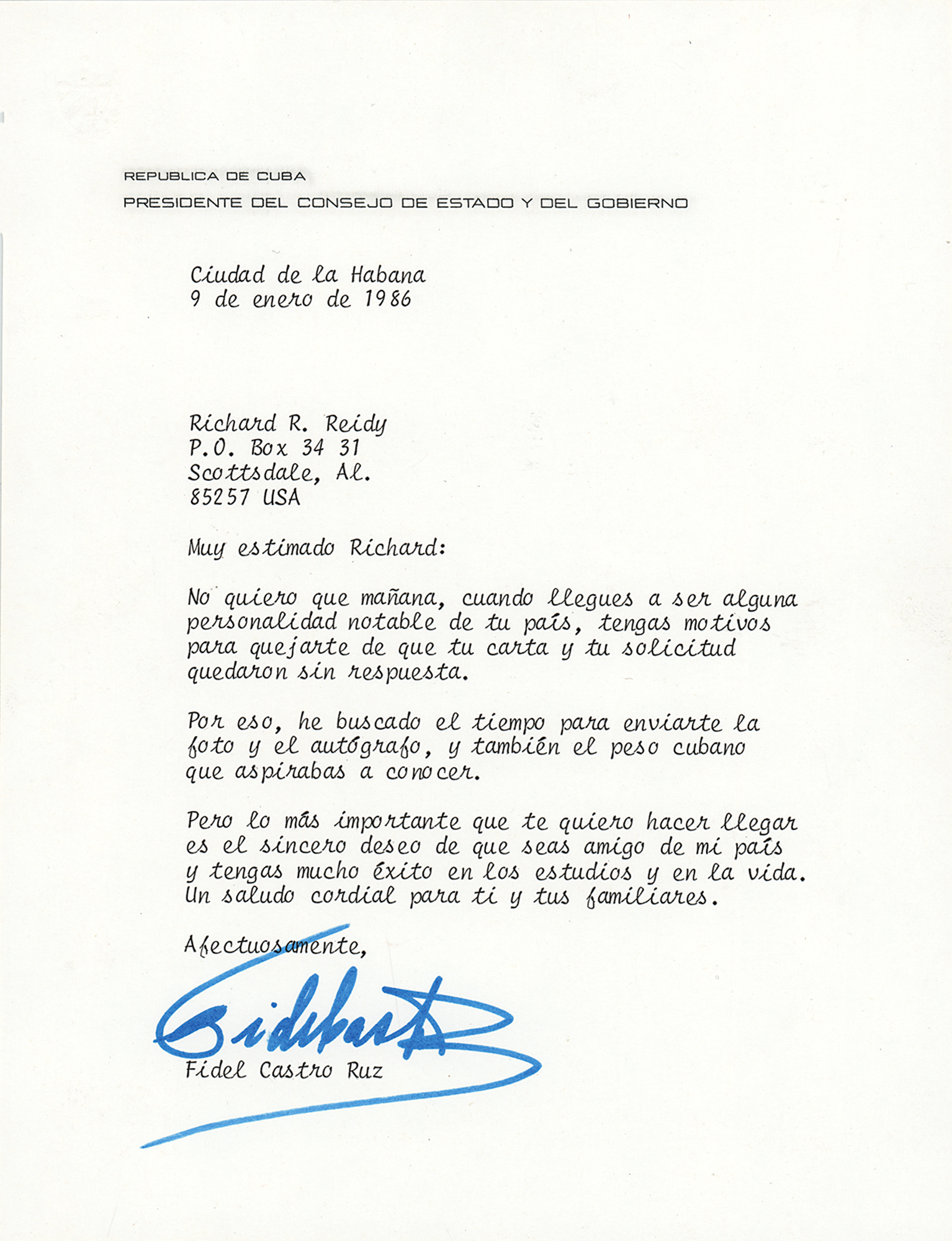 Lot #197 Fidel Castro Typed Letter Signed