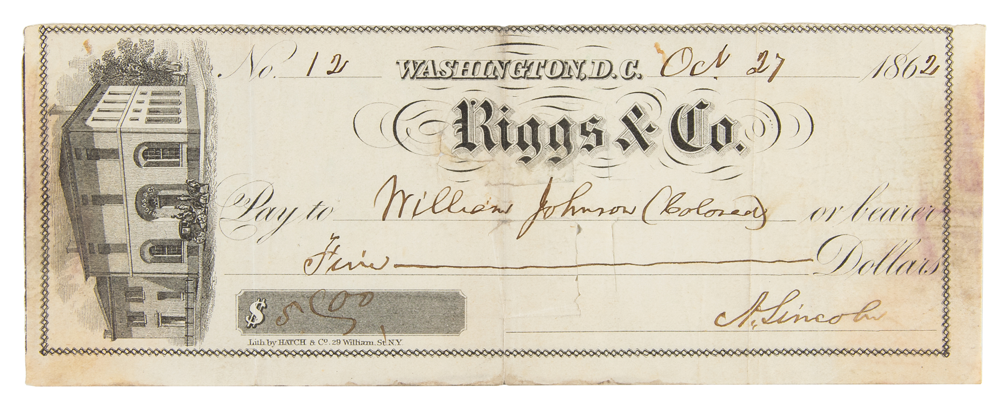 Lot #33 Abraham Lincoln Signed Check as President to Black Valet