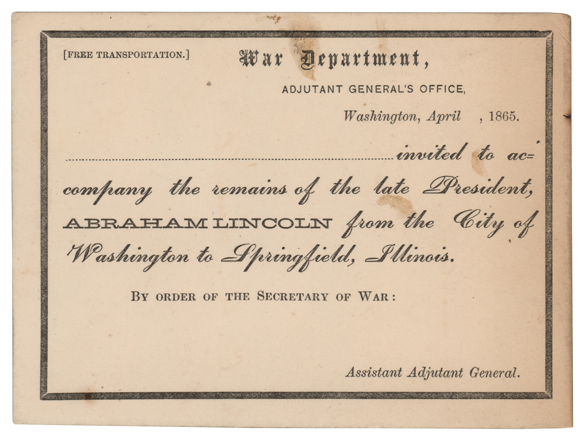 Lot #39 Abraham Lincoln Funeral Railroad Pass