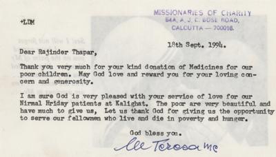 Lot #194 Mother Teresa Typed Letter Signed