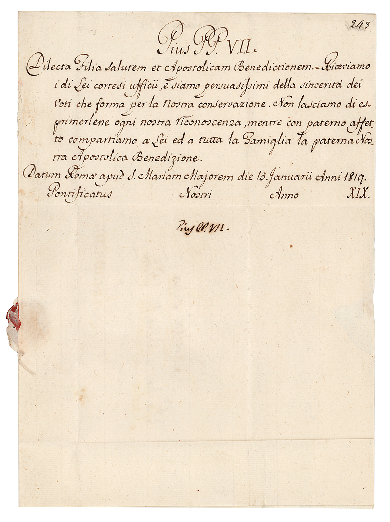 Lot #305 Pope Pius VII Letter Signed