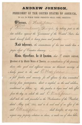 Lot #47 Andrew Johnson Document Signed as President Pardoning a Confederate Soldier