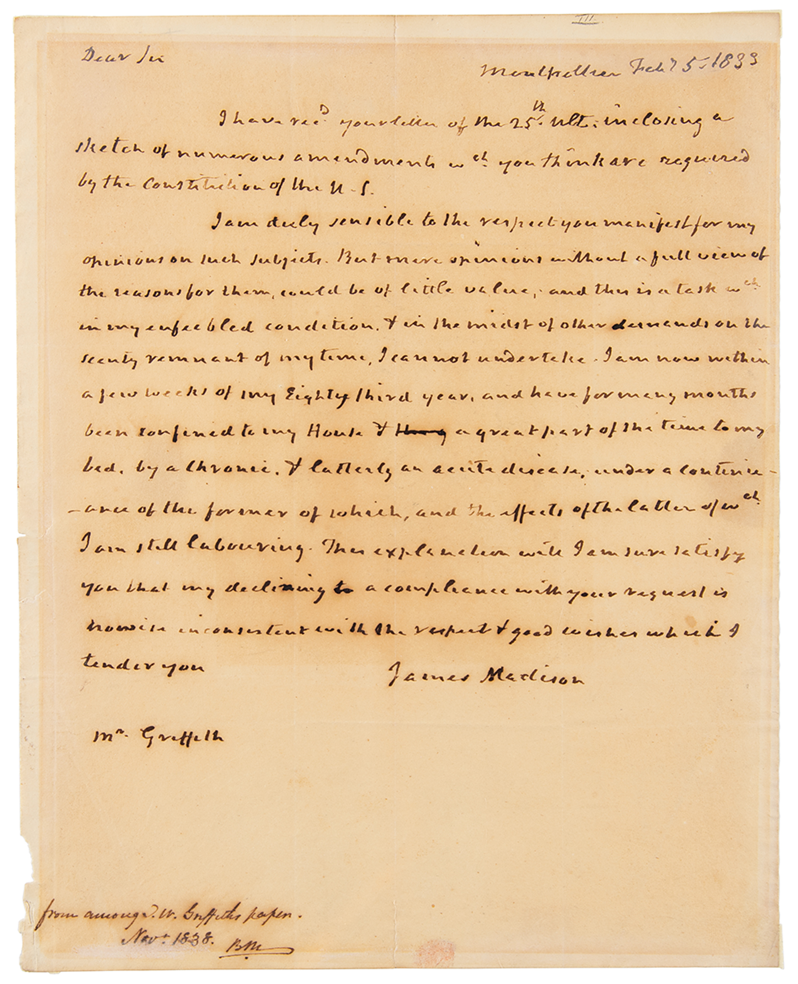 Lot #6 James Madison Autograph Letter Signed on US Constitution