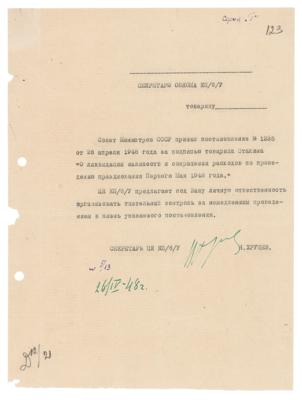 Lot #124 Nikita Khrushchev Document Signed for Stalin Decree - Image 1