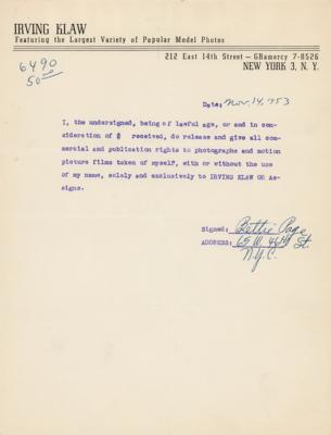 Lot #700 Bettie Page Document Signed for Irving Klaw - Image 1