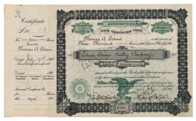 Lot #178 Thomas Edison Twice-Signed Stock Certificate - Image 1