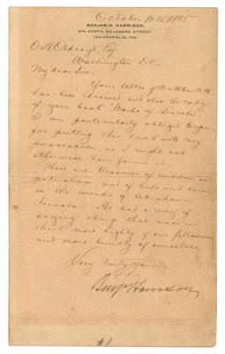 Lot #23 Benjamin Harrison Letter Signed on Abraham Lincoln - Image 1