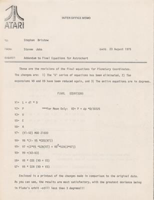Lot #8002 Steve Jobs Atari Interoffice Memo