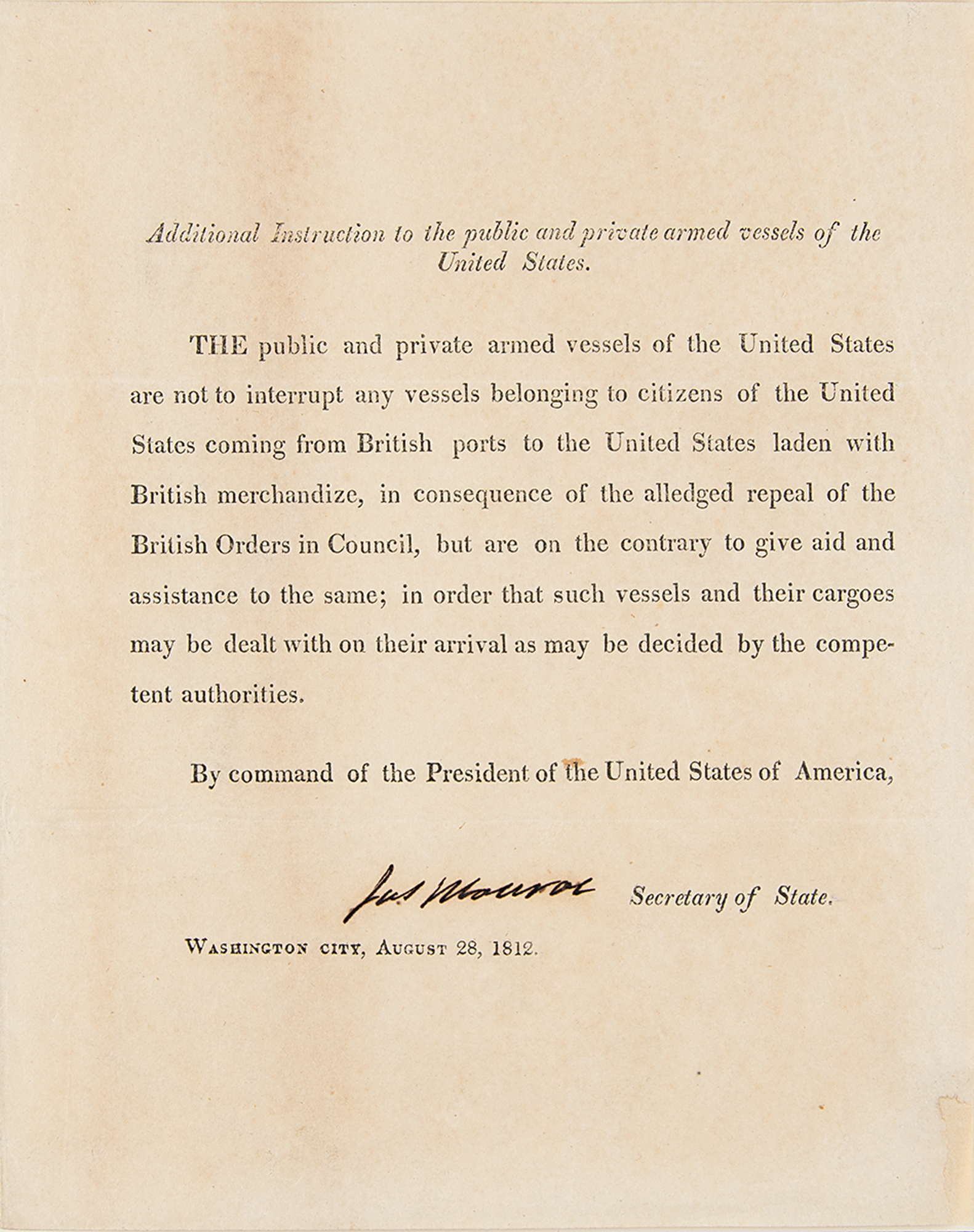 Lot #4 James Monroe War of 1812 Document Signed
