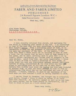 Lot #426 T. S. Eliot Typed Letter Signed on Ezra Pound - Image 1