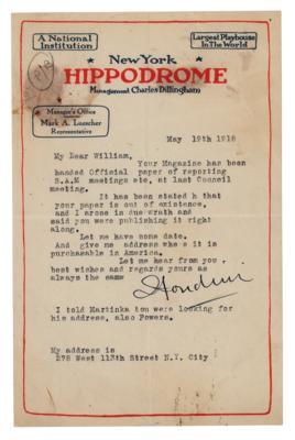 Lot #743 Harry Houdini TLS from 'Hippodrome'