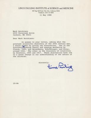 Lot #216 Linus Pauling Typed Letter Signed on Greatest Scientific Discovery