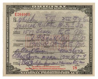 Lot #225 Prohibition: 1930 Liquor Prescription