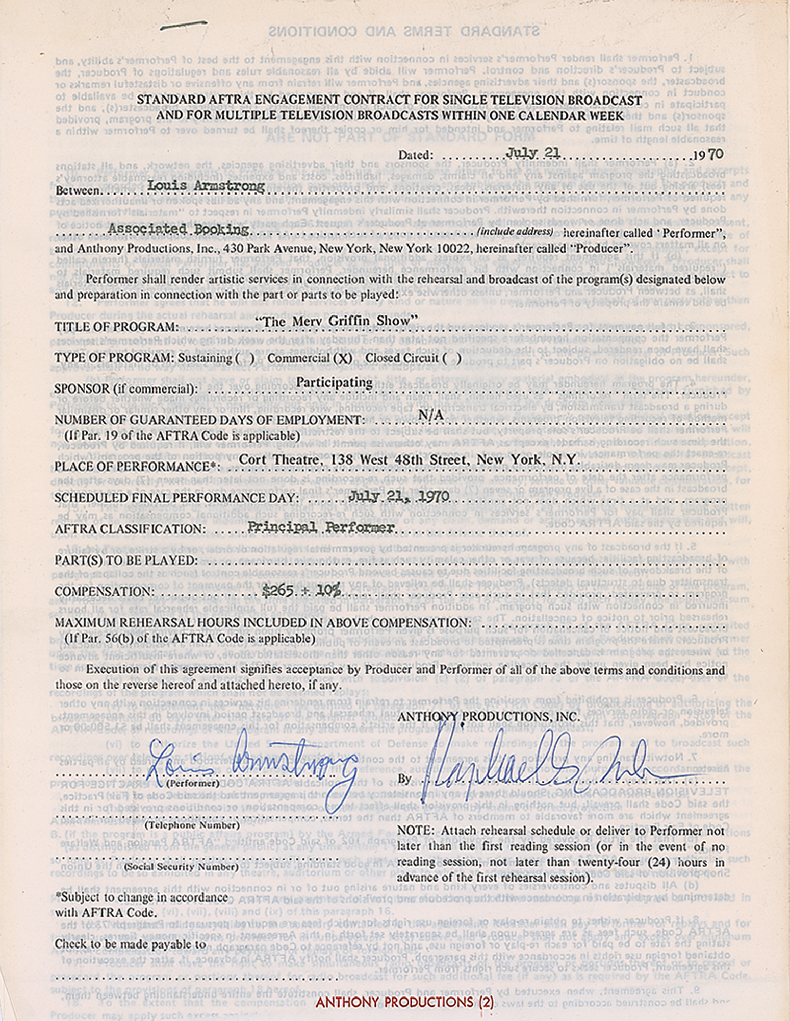 Lot #668 Louis Armstrong Document Signed (1970)