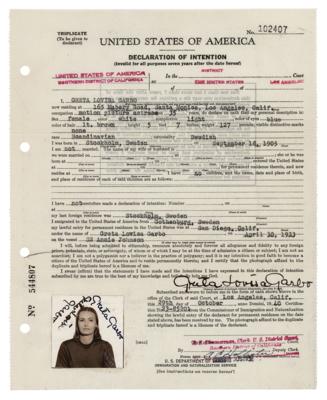 Lot #738 Greta Garbo Thrice-Signed Document and Passport Photo