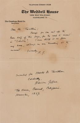 Lot #476 Robinson Jeffers Autograph Letter Signed Twice - Image 1