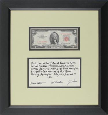 Lot #317 Apollo 15 Flown Two-Dollar Bill with Crew-Signed Statement