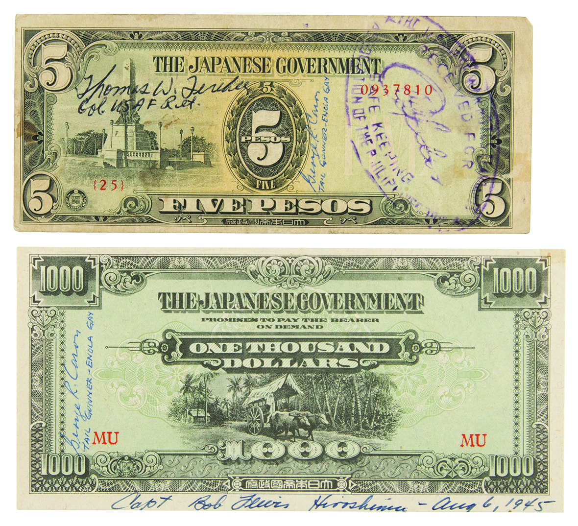 Lot #273 Enola Gay (3) Multi-Signed Japanese Government Bank Notes