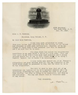 Lot #135 Nikola Tesla Typed Letter Signed on Inventions