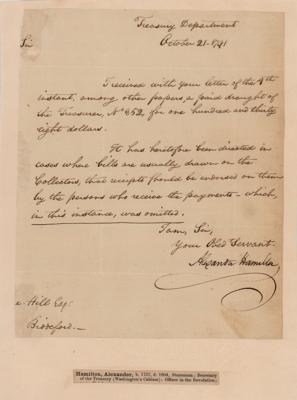 Lot #108 Alexander Hamilton Letter Signed as Treasury Secretary
