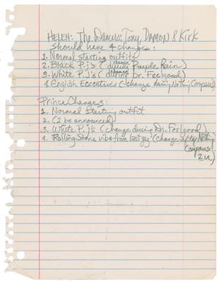 Lot #8098 Prince 1990 Nude Tour Handwritten Wardrobe Changes List