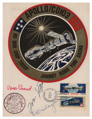 Lot #9758 Apollo-Soyuz American Crew Signed Mission Insignia Sheet